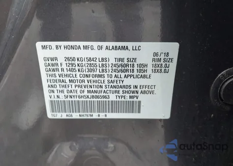 2018 Honda Pilot Ex-L z USA, uszkodzony, nr VIN 5FNYF6H5XJB065963